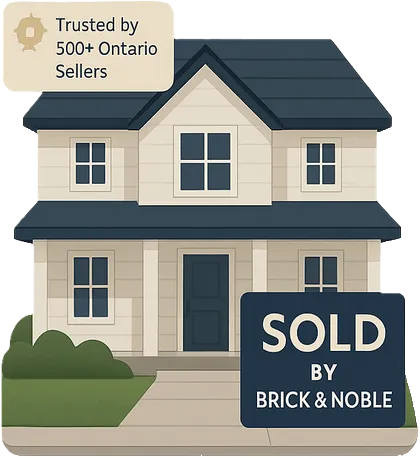 A sign saying Sold by Brick & Noble on a beautiful lawn
